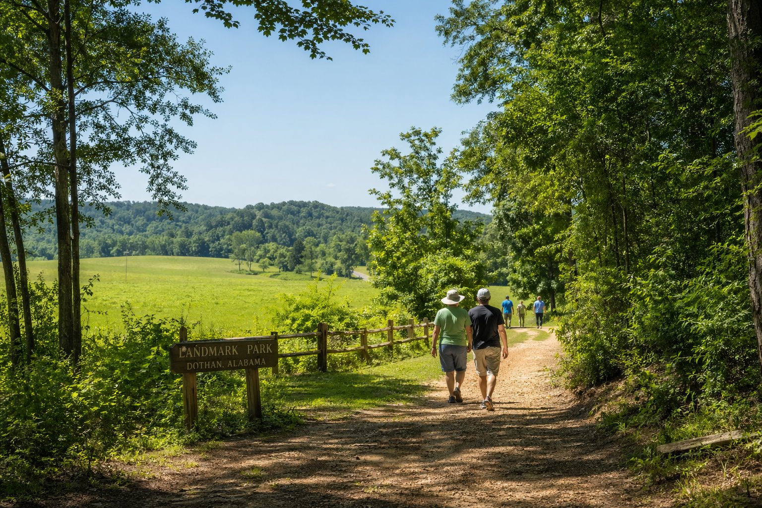 A nature trail winding through green trees and foliage with people walking outdoors in a park.
