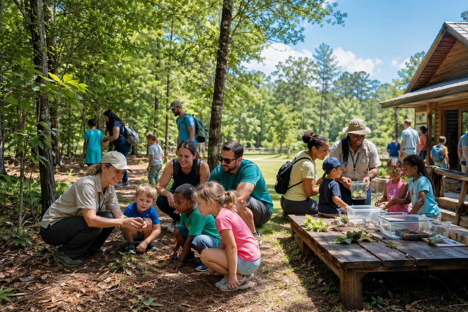 Families and children enjoying outdoor educational activities at a park with trees and grassy areas on a sunny day.