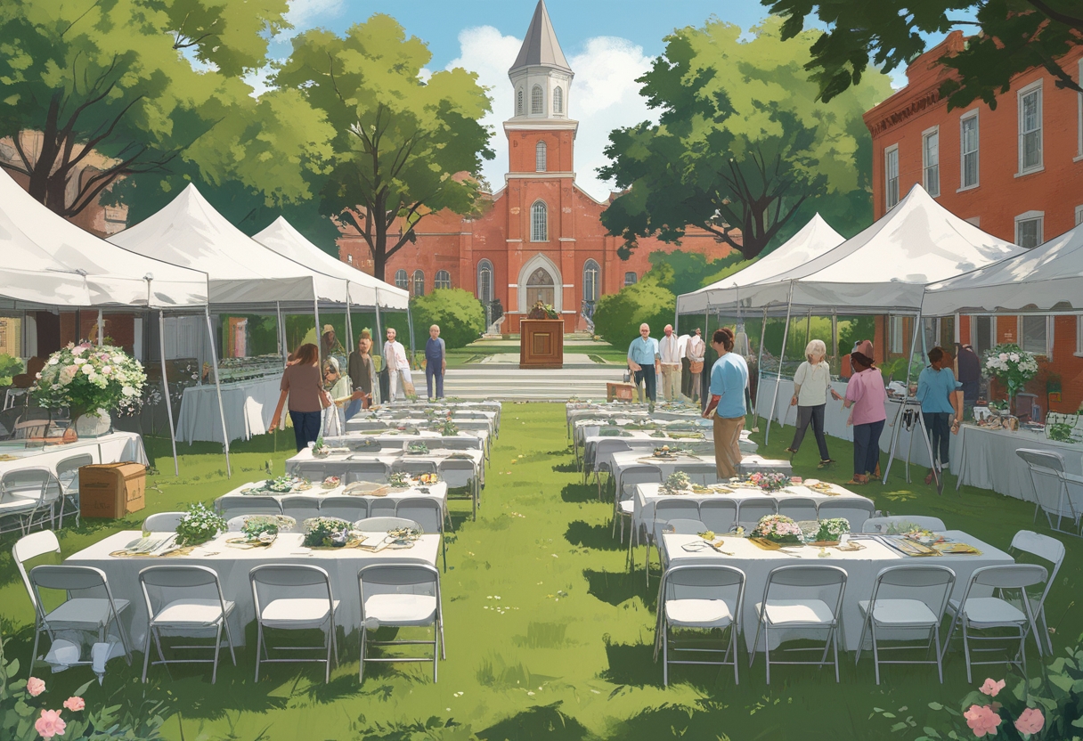 Outdoor church event setup in a park with tents, chairs, a stage, and volunteers preparing for the gathering.