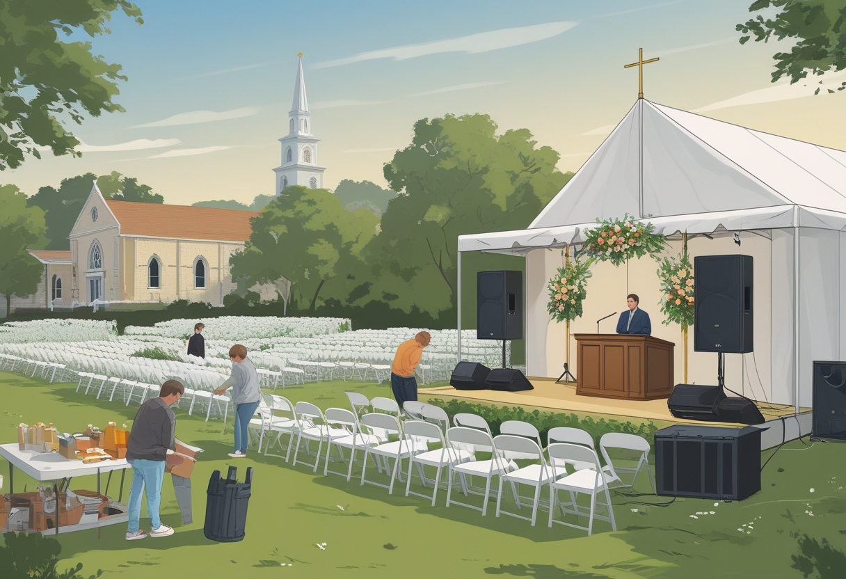 An outdoor church event setup with a large tent, chairs arranged facing a stage, volunteers arranging tables and equipment, and a historic church building in the background.