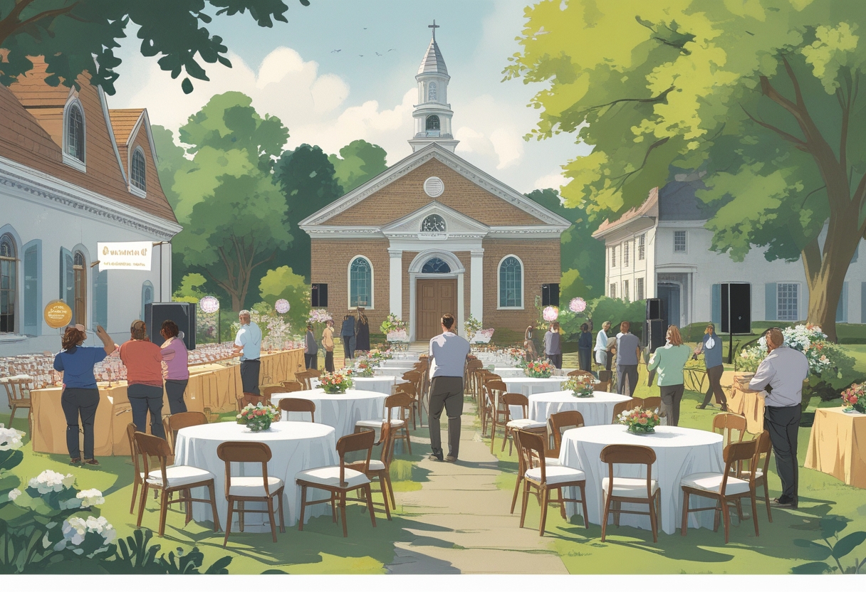 People setting up chairs, tables, and equipment outside a church for a community event.