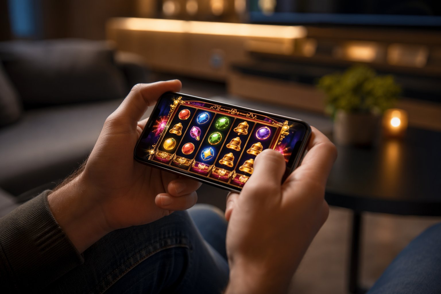 Hands Holding A Smartphone Showing A Colorful Casino Game With Spinning Slot Reels In A Cozy Indoor Setting.