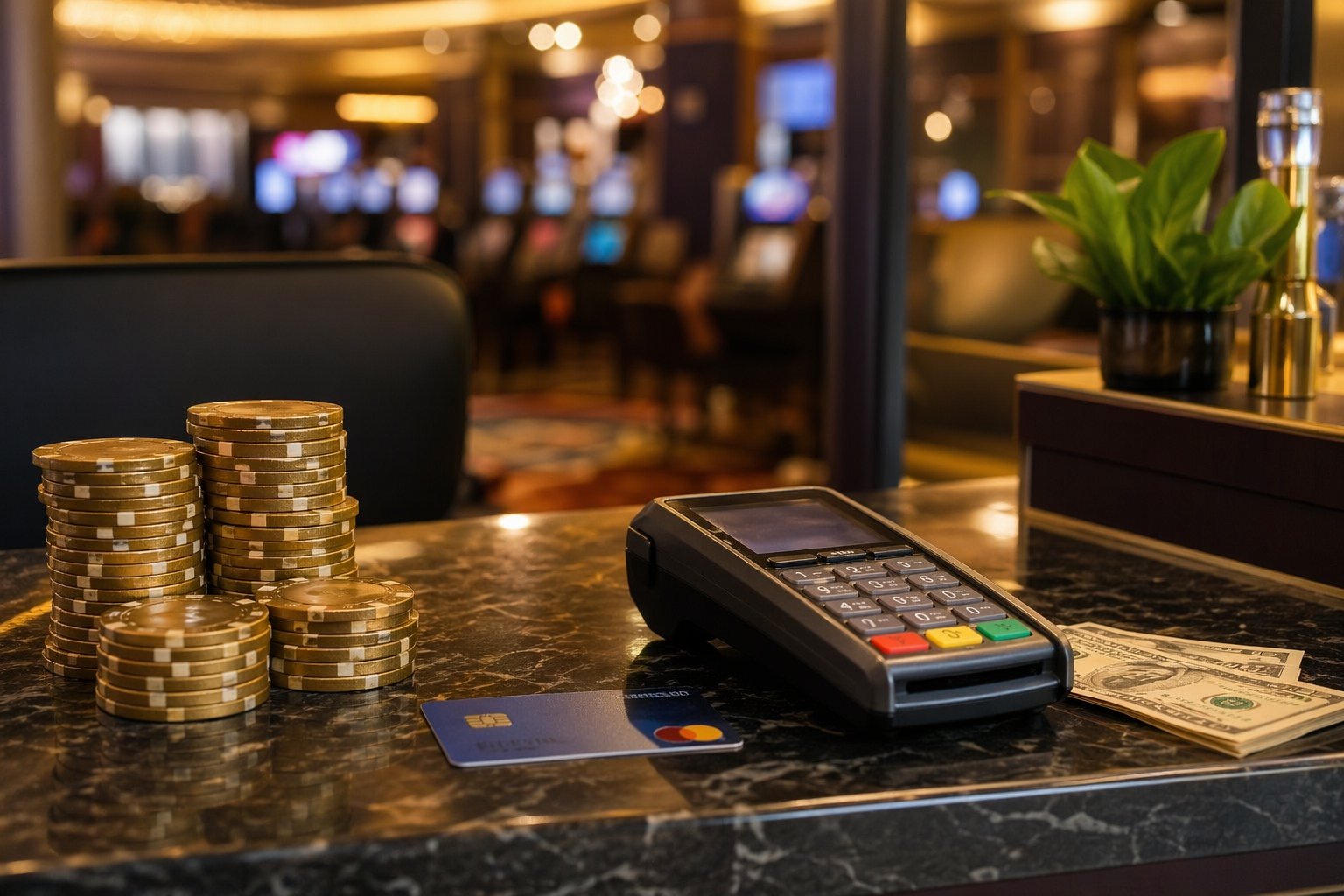 CloseUp Of A Casino Payment Counter With Casino Chips, A Credit Card, And A Digital Payment Terminal, Set Against A Softly Blurred Casino Interior.