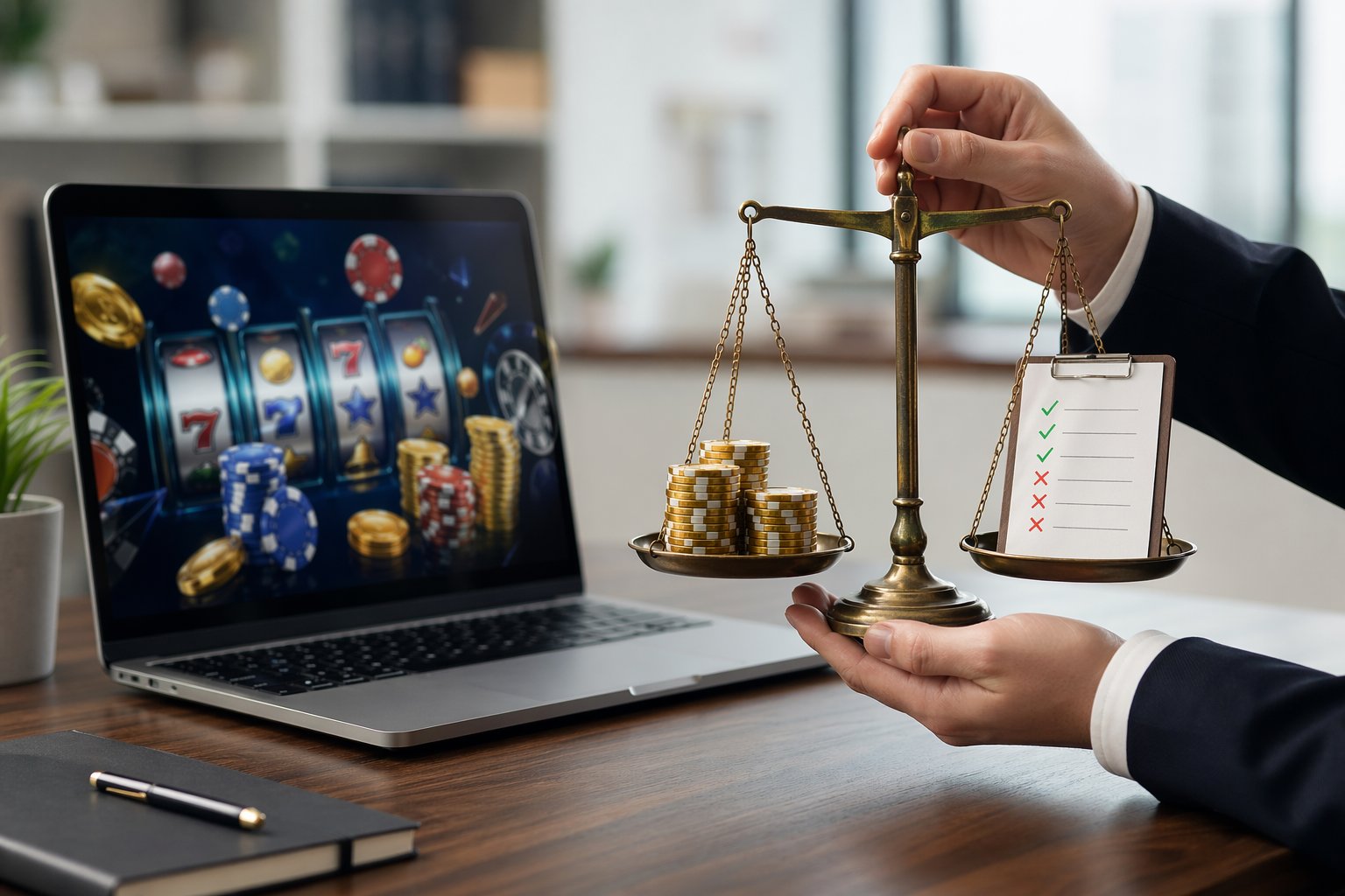 Hands Holding A Balanced Scale With Poker Chips On One Side And A Checklist On The Other Next To A Laptop Showing A Casino Website In A Bright Office.