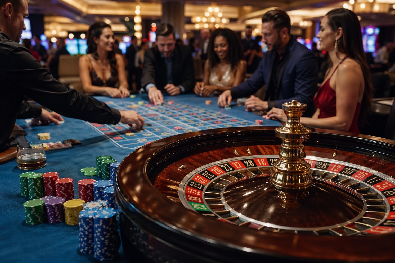 A Casino Gaming Table With Poker Chips, Playing Cards, And A Roulette Wheel, Surrounded By People Playing Games In A Brightly Lit Casino.