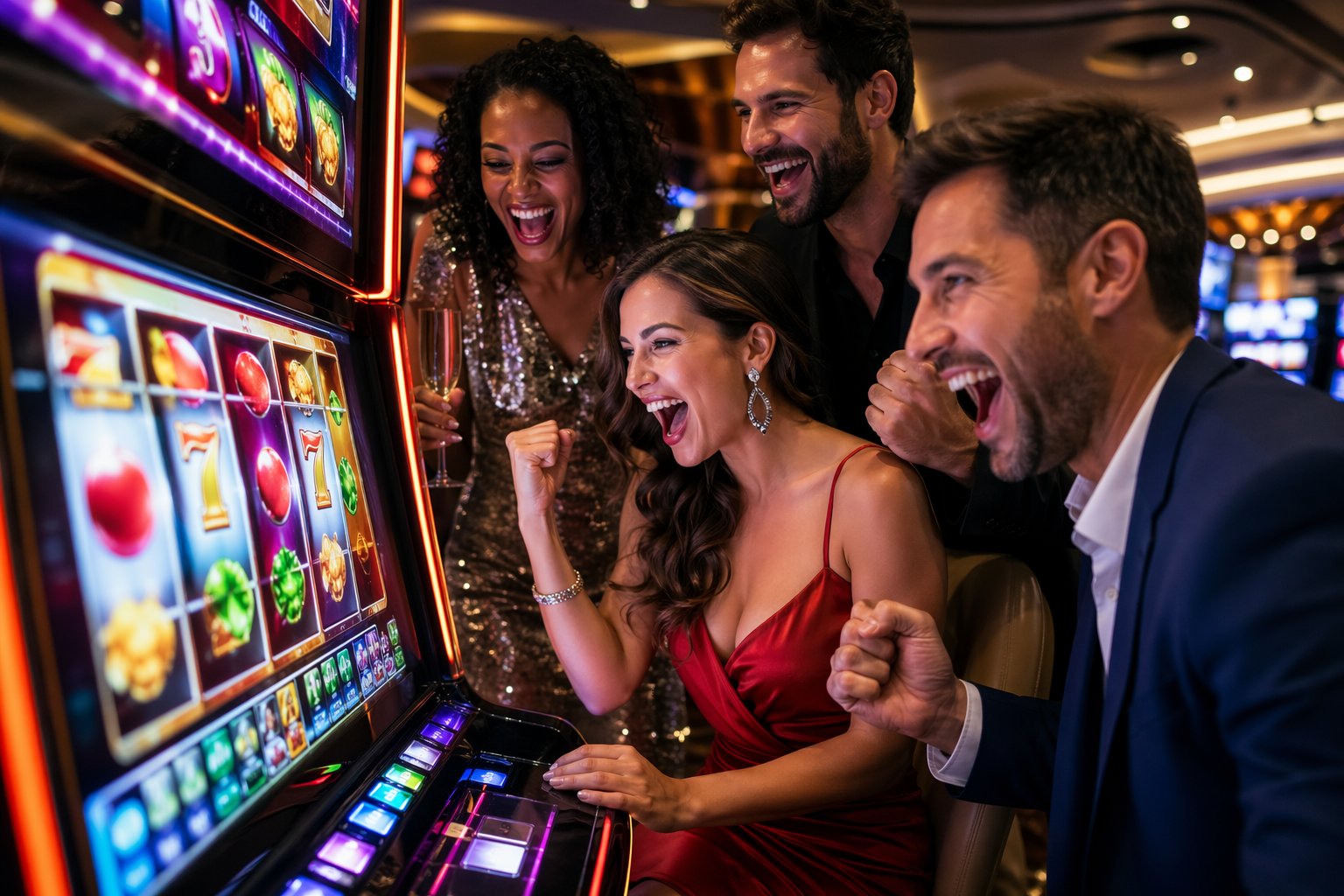 A Group Of Adults Celebrating Around A Slot Machine With Colorful Spinning Reels In A Modern Casino Setting.