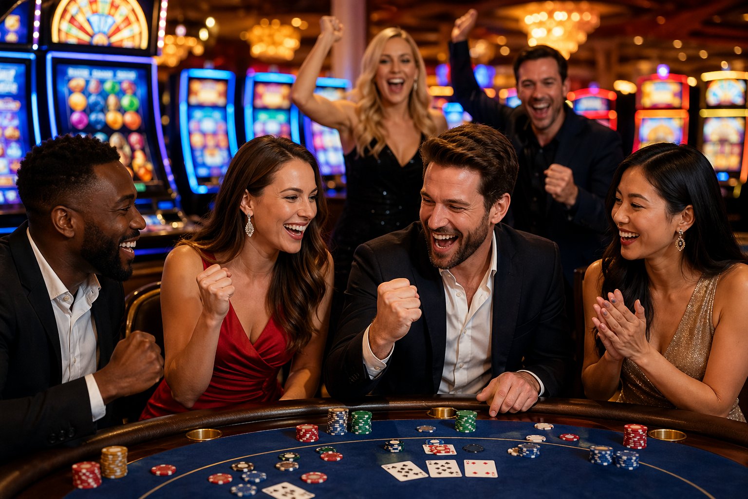 A Group Of People Celebrating At A Casino Gaming Table Surrounded By Slot Machines And Bright Lights.
