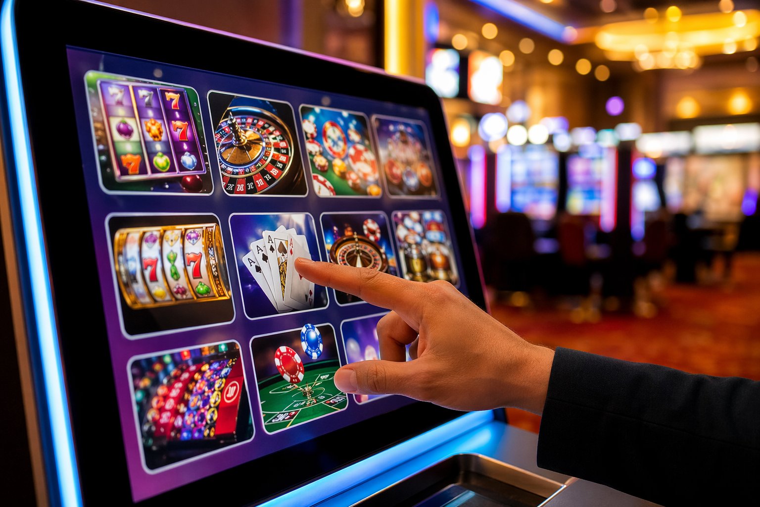 A Person Selecting A Casino Game On A Touchscreen Monitor Showing Various Colorful Game Icons In A Casino Setting.