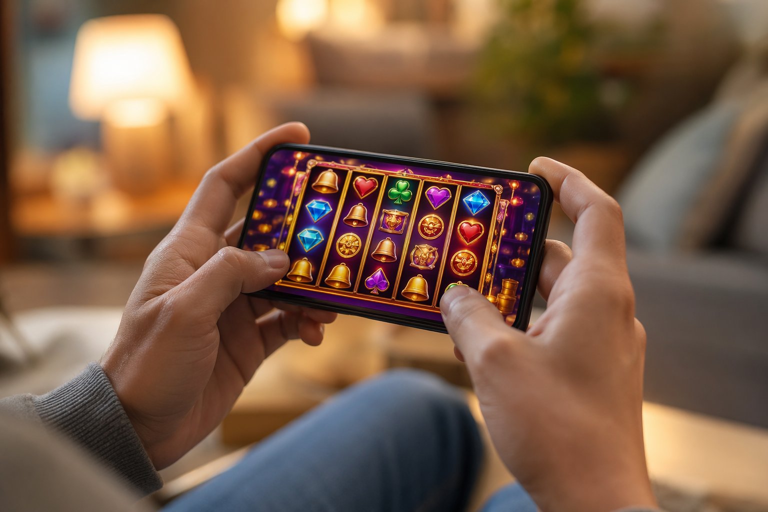 A Person Holding A Smartphone Displaying A Colorful Mobile Casino Game With Spinning Reels In A Cozy Indoor Setting.