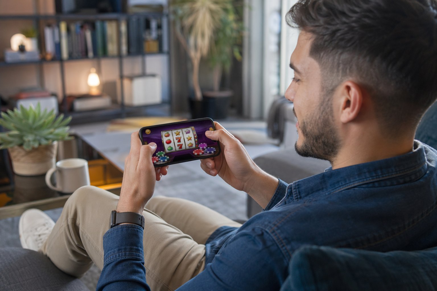 A Young Man Sitting On A Couch Playing A Casino Game On His Smartphone In A Cozy Living Room.