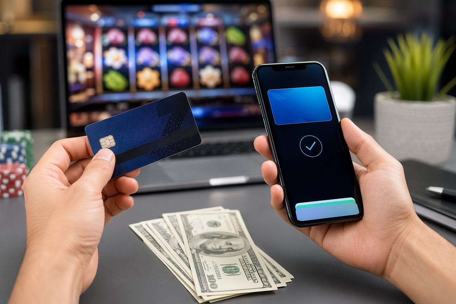 Hands Holding Credit Cards, A Smartphone, And Cash On A Table With A Blurred Background Of An Online Casino Interface.