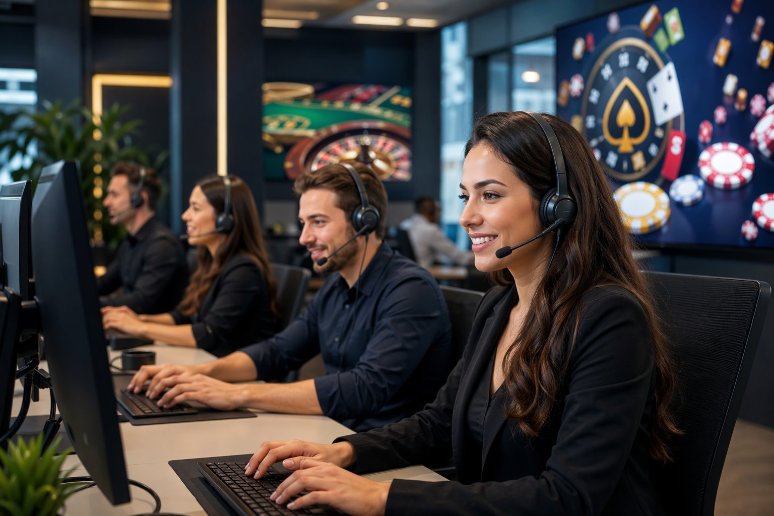 Customer Support Representatives Wearing Headsets Working At Computers In A Modern Office Environment.