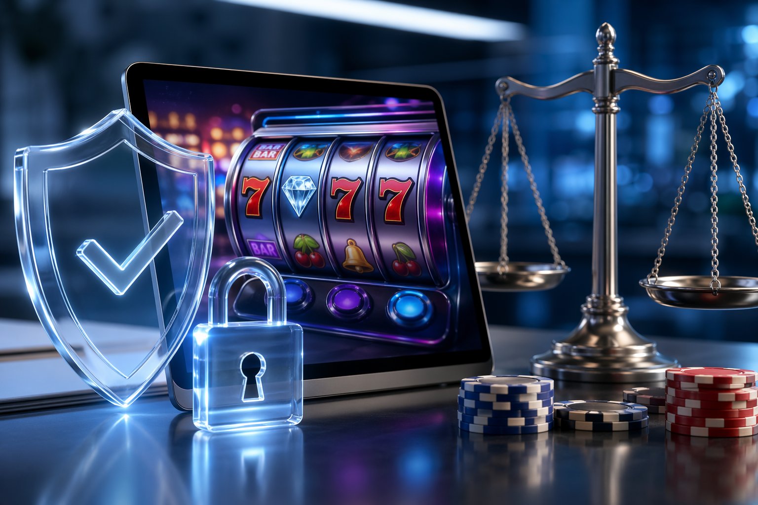 A Digital Casino Game Interface On A Tablet Surrounded By Icons Representing Security And Fairness, Including A Shield, Lock, And Balanced Scales.