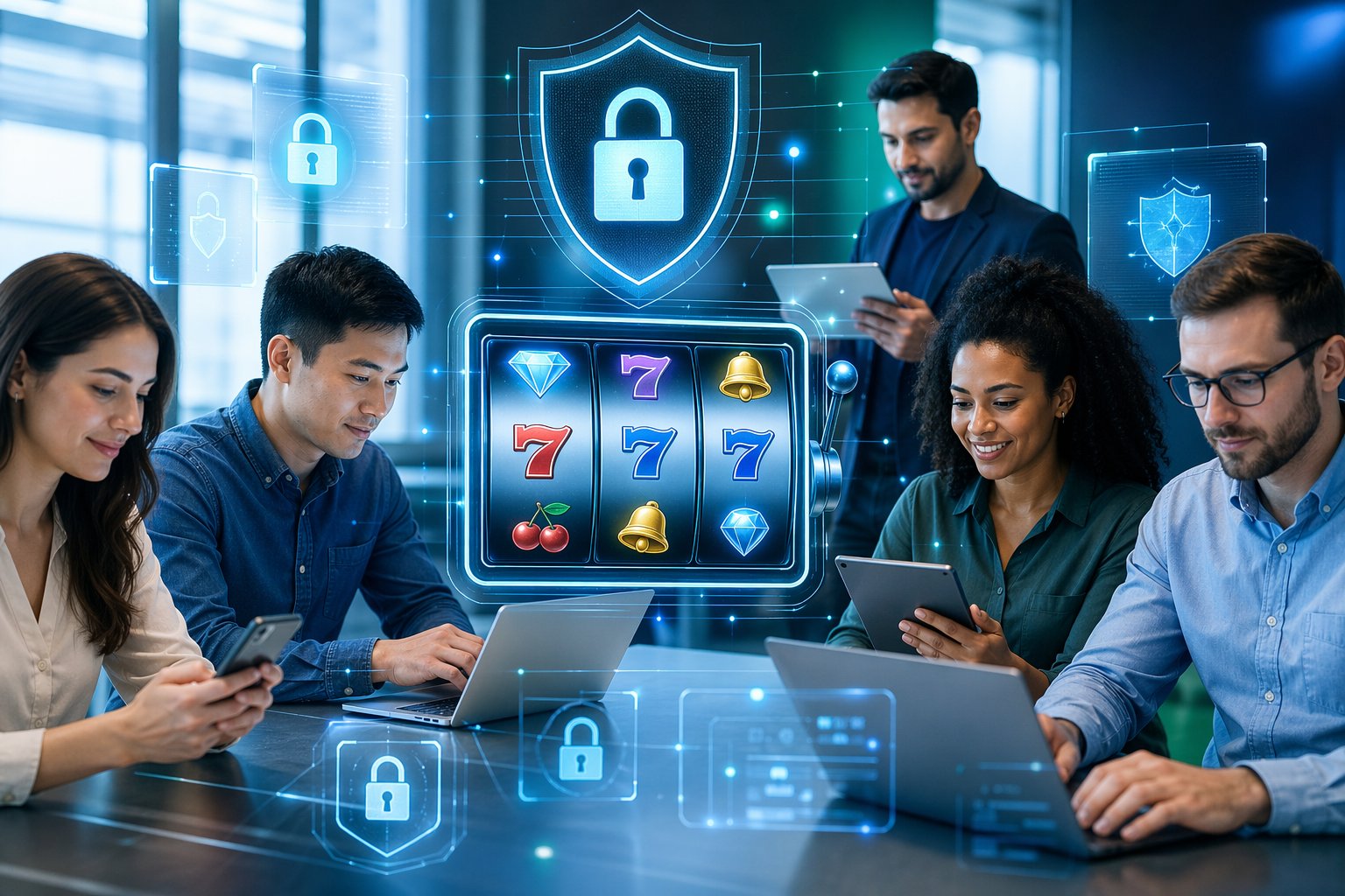 A Group Of Diverse People Using Laptops And Mobile Devices With Digital Security Icons And A Virtual Casino Game Screen In The Background.