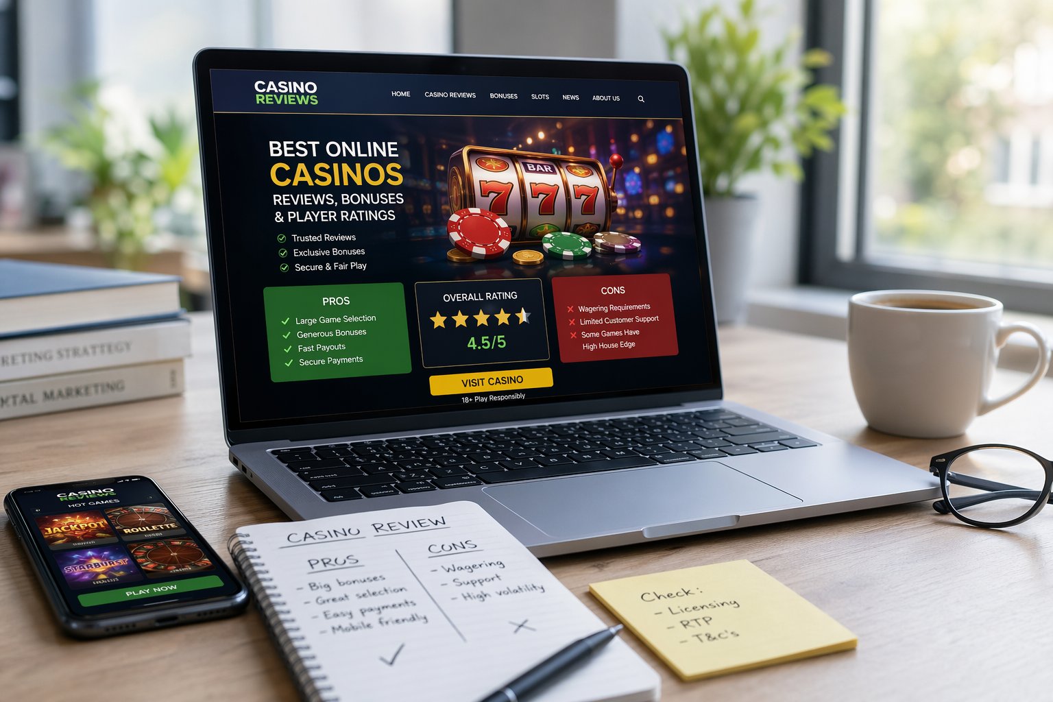 A Laptop On A Desk Showing An Online Casino Website With Slot Machine Reels, Surrounded By Notes, A Smartphone, Coffee Cup, And Glasses.