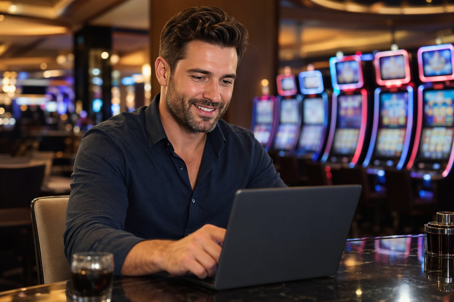 A Man Sitting At A Table In A Casino Environment, Using A Laptop With Slot Machines Visible In The Background.