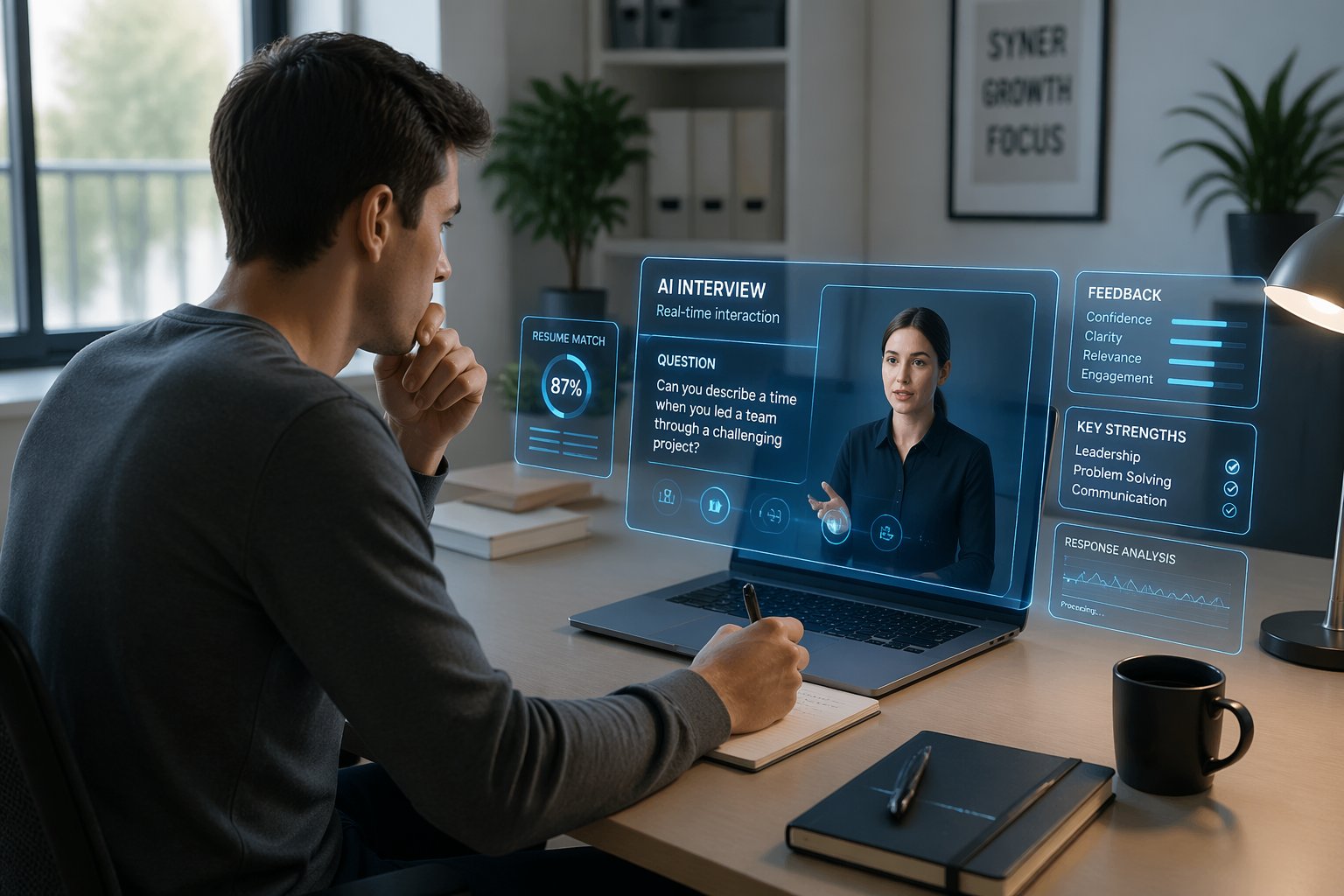 A person sitting at a desk interacting with an AI interface on a laptop in a bright office.