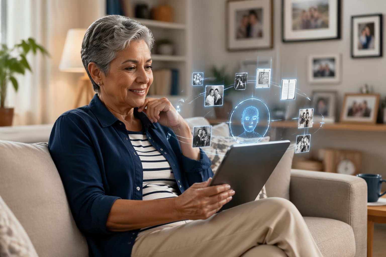 A person sitting in a living room interacting with a digital AI assistant on a tablet, surrounded by floating icons representing memories and organization.