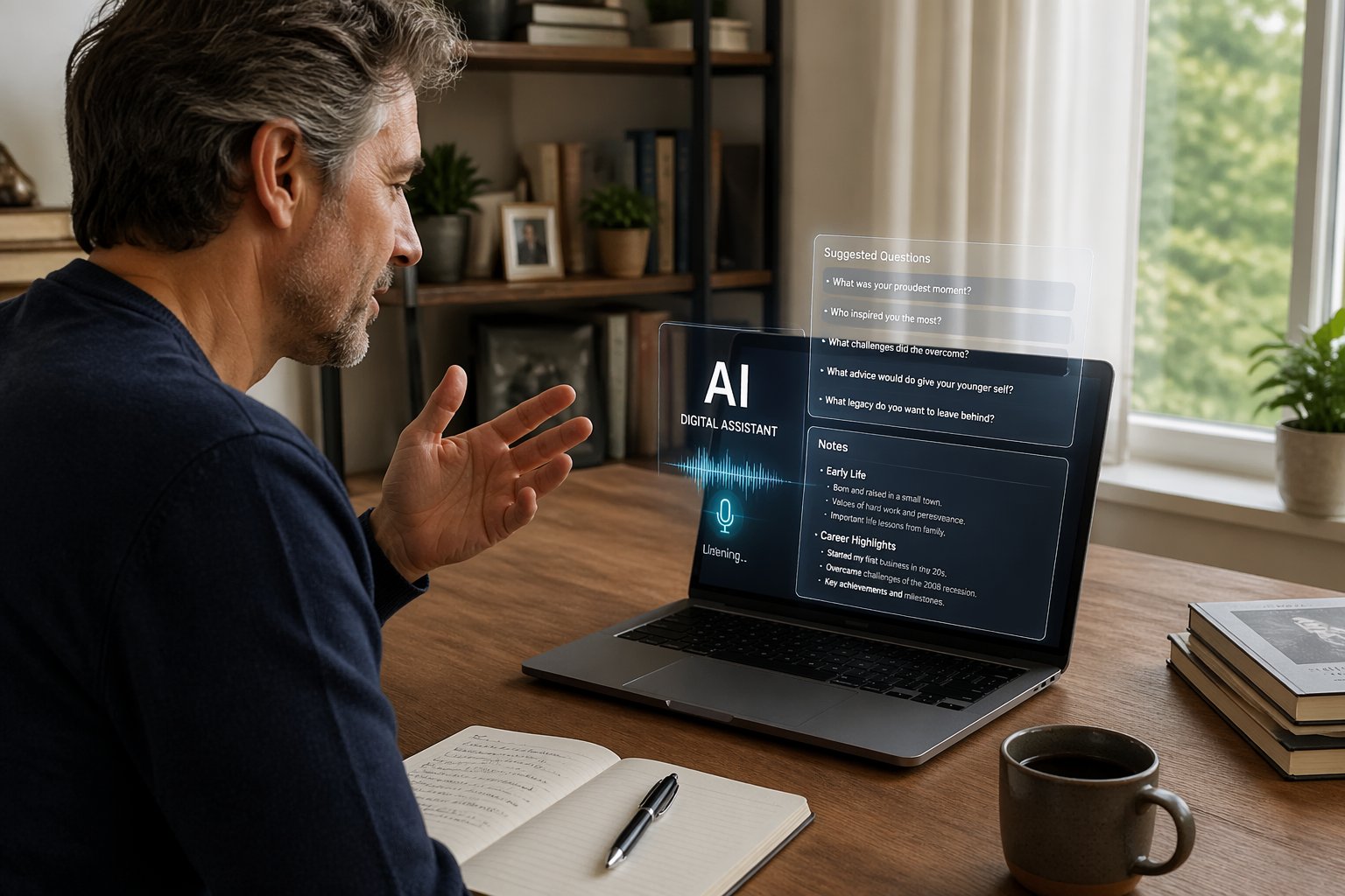 A person speaking to a laptop with a digital assistant interface, surrounded by notebooks and a cup of coffee in a bright workspace.