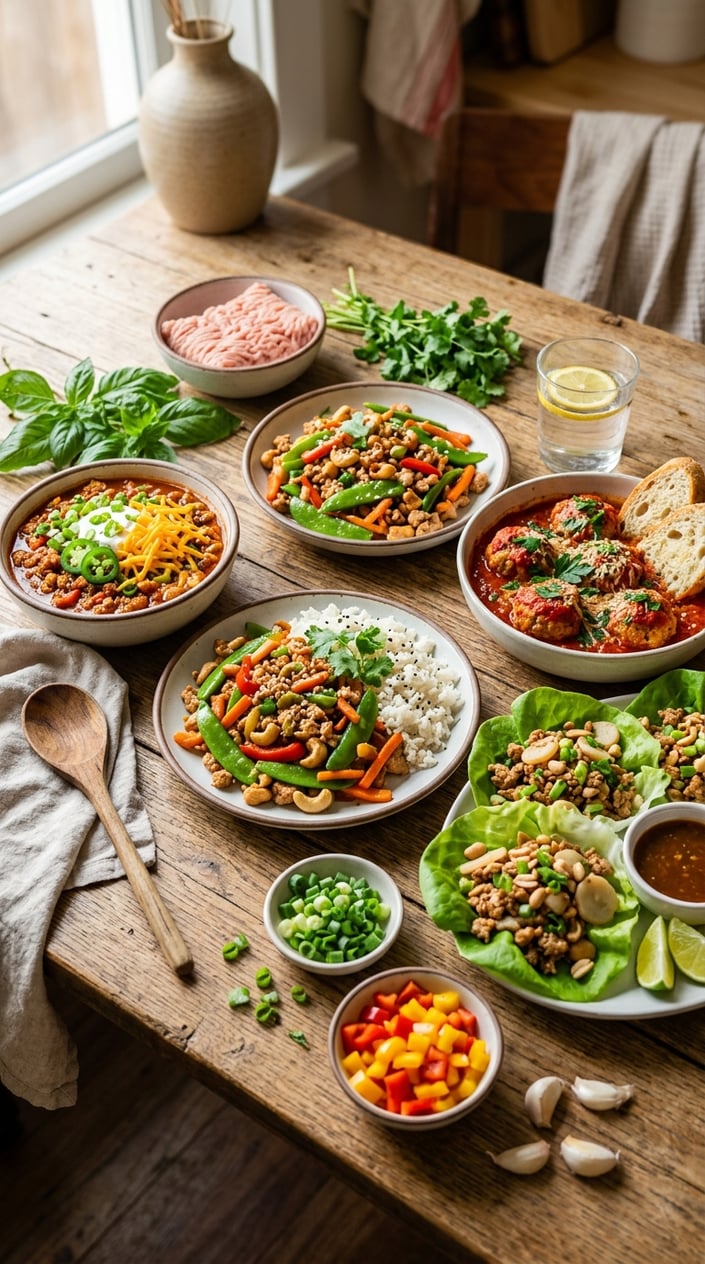 16 Ground Chicken Recipes That Stretch a Pound Farther Than You'd Think 2 A table with several plates of different ground chicken dishes surrounded by fresh ingredients like herbs, garlic, and vegetables.