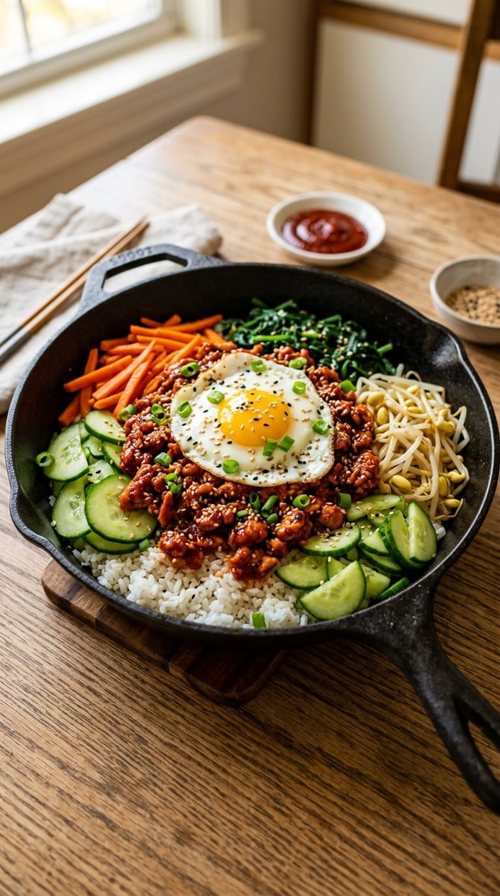 16 Ground Chicken Recipes That Stretch a Pound Farther Than You'd Think 3 A skillet filled with spicy ground chicken bibimbap topped with a fried egg and surrounded by colorful vegetables.