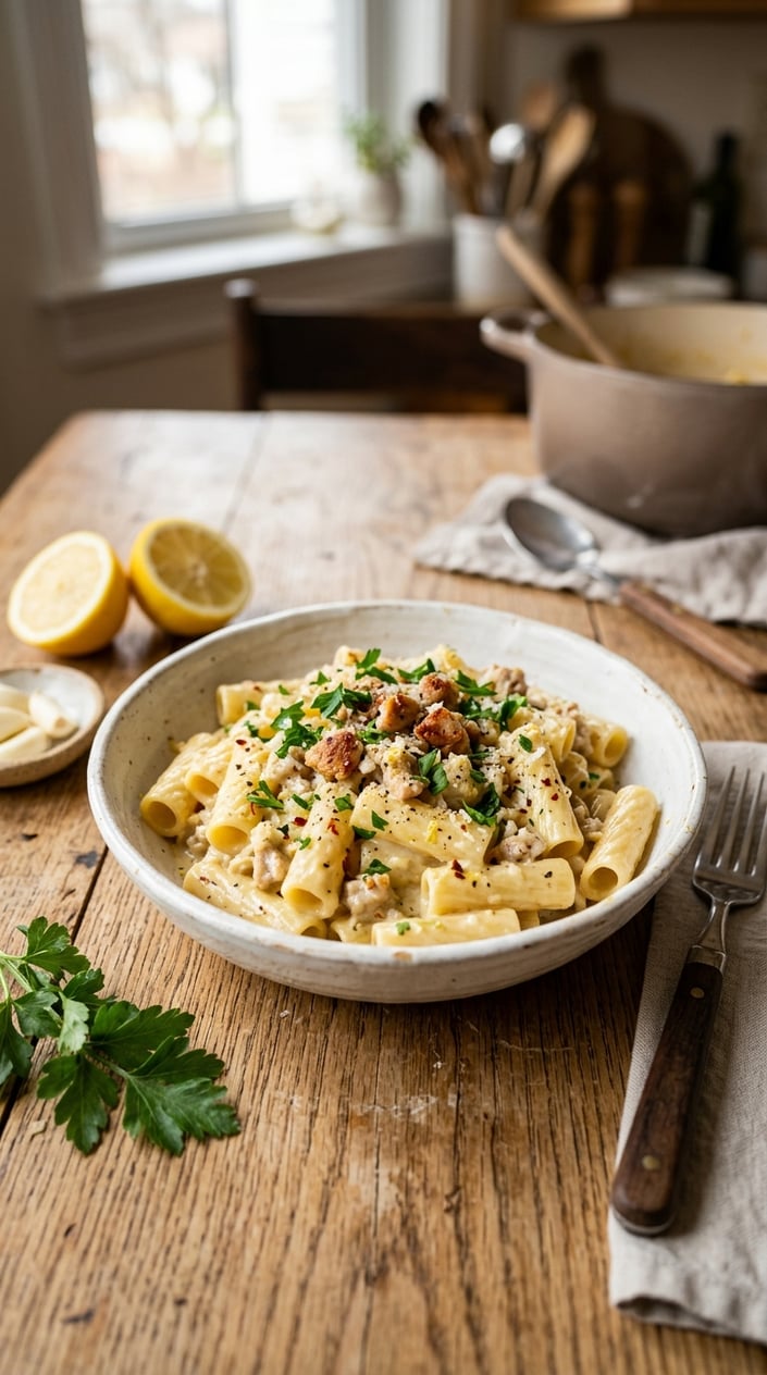 16 Ground Chicken Recipes That Stretch a Pound Farther Than You'd Think 4 A bowl of creamy lemon-garlic ground chicken pasta garnished with parsley on a wooden table with lemon halves and garlic cloves nearby.