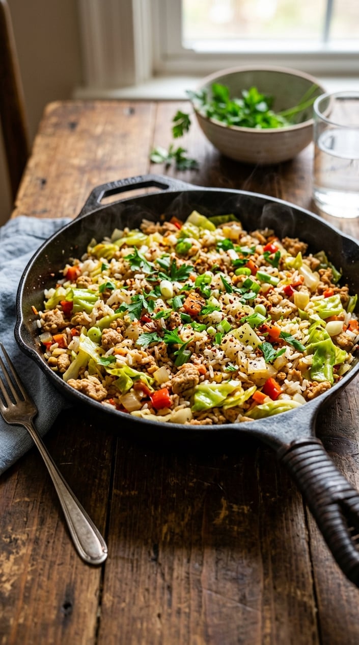 16 Ground Chicken Recipes That Stretch a Pound Farther Than You'd Think 5 Skillet filled with ground chicken, rice, and pieces of cabbage on a wooden table.