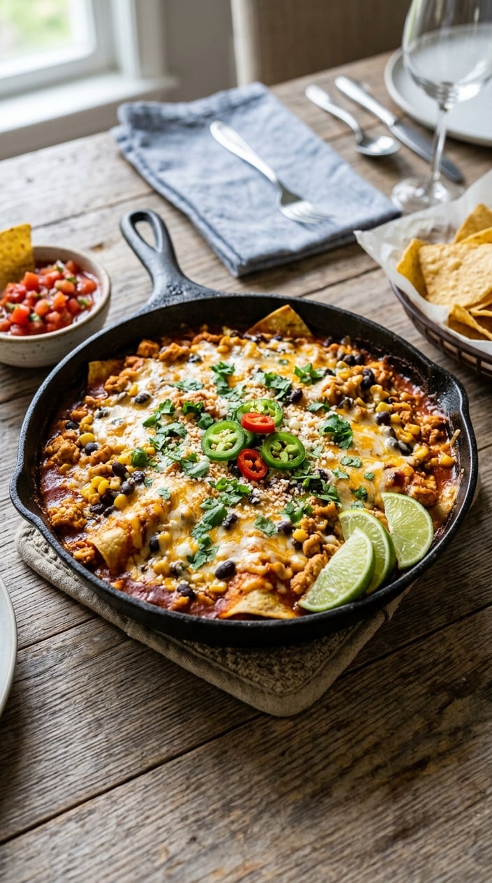 16 Ground Chicken Recipes That Stretch a Pound Farther Than You'd Think 6 A skillet filled with cooked ground chicken enchiladas topped with melted cheese and black beans, garnished with cilantro and lime wedges on a wooden table.