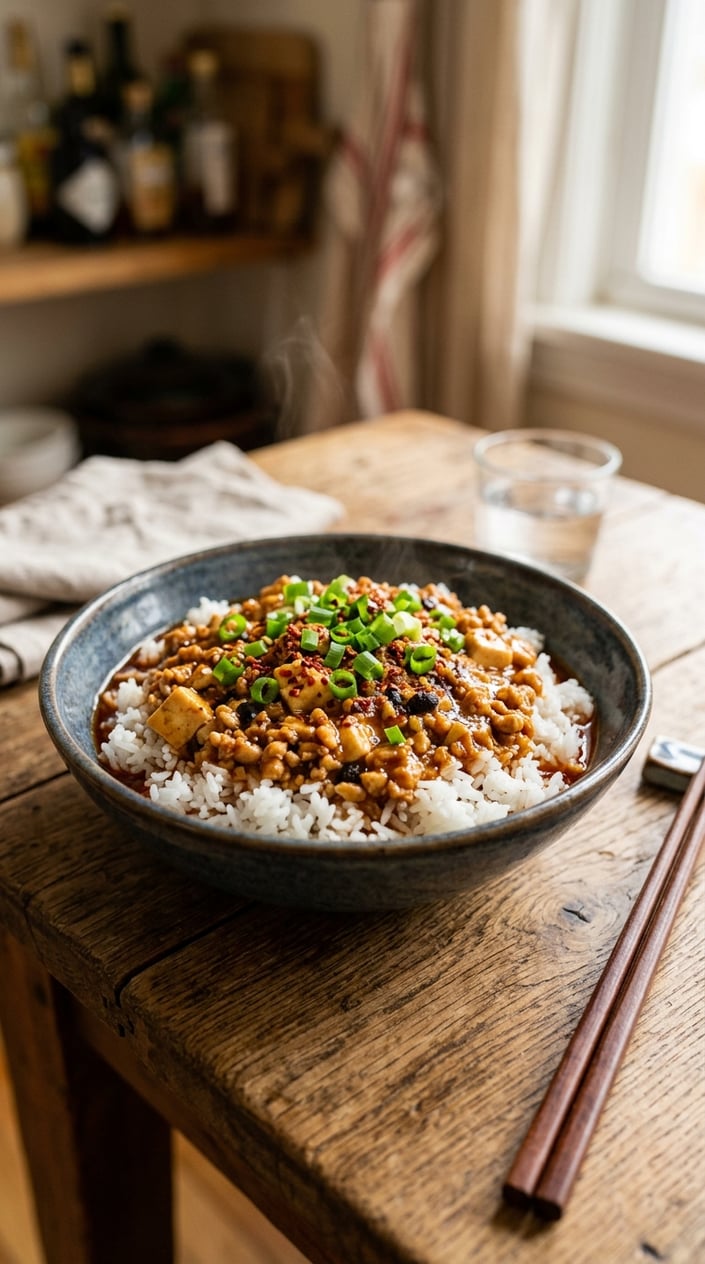 16 Ground Chicken Recipes That Stretch a Pound Farther Than You'd Think 7 A bowl of ground chicken in a spicy sauce served over steamed white rice, garnished with green onions.