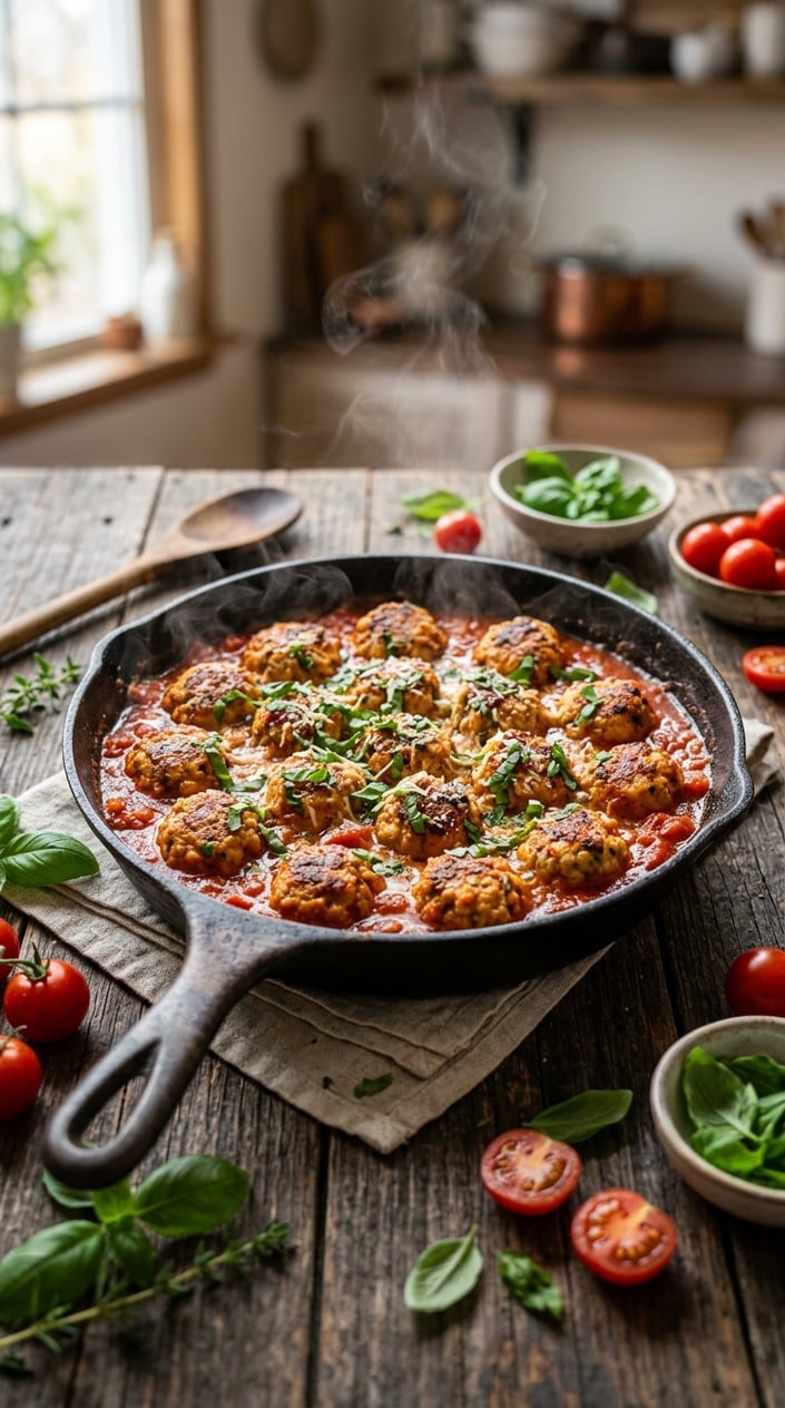 16 Ground Chicken Recipes That Stretch a Pound Farther Than You'd Think 8 A skillet with chicken meatballs in tomato and basil sauce on a wooden surface, garnished with fresh basil leaves and cherry tomatoes.