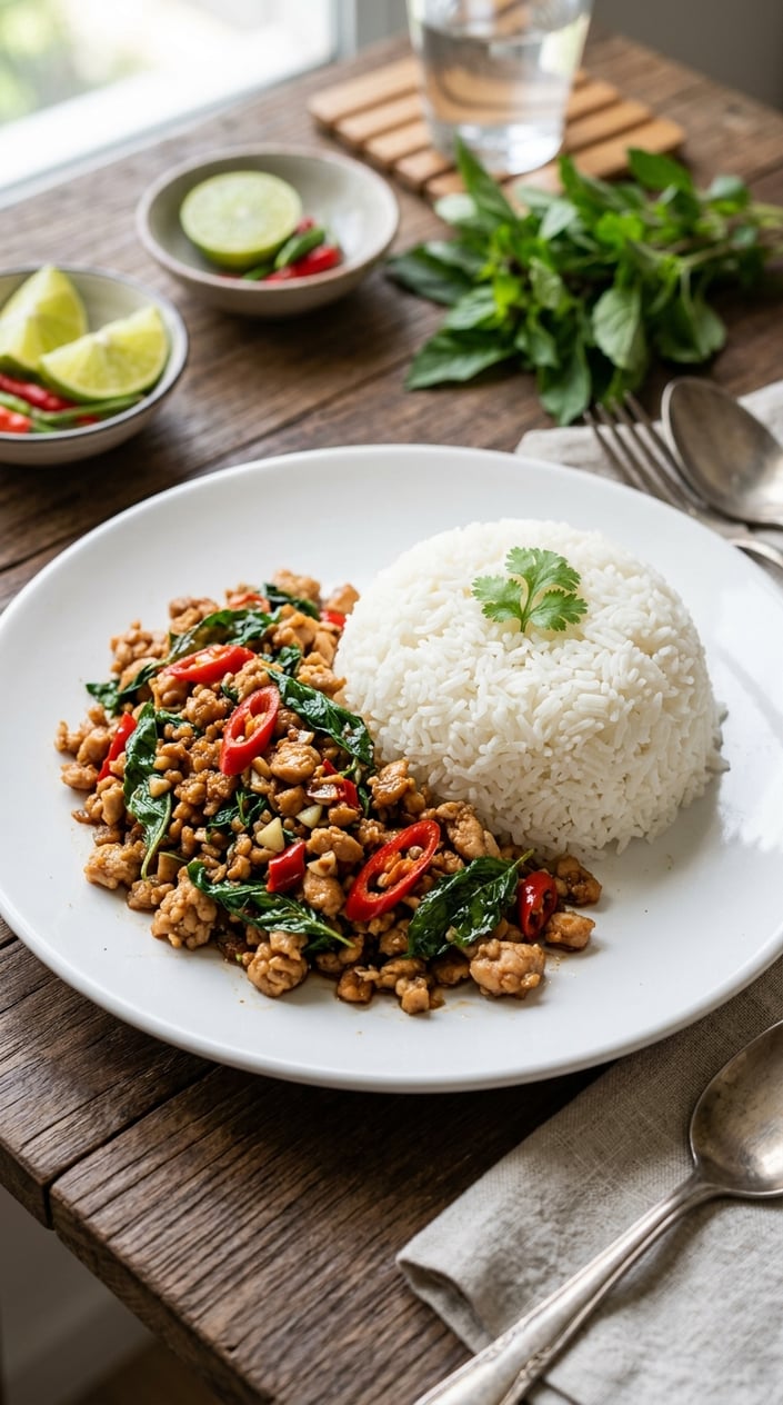 16 Ground Chicken Recipes That Stretch a Pound Farther Than You'd Think 9 A plate of Thai basil ground chicken with jasmine rice on a wooden table, garnished with fresh basil and red chili slices.
