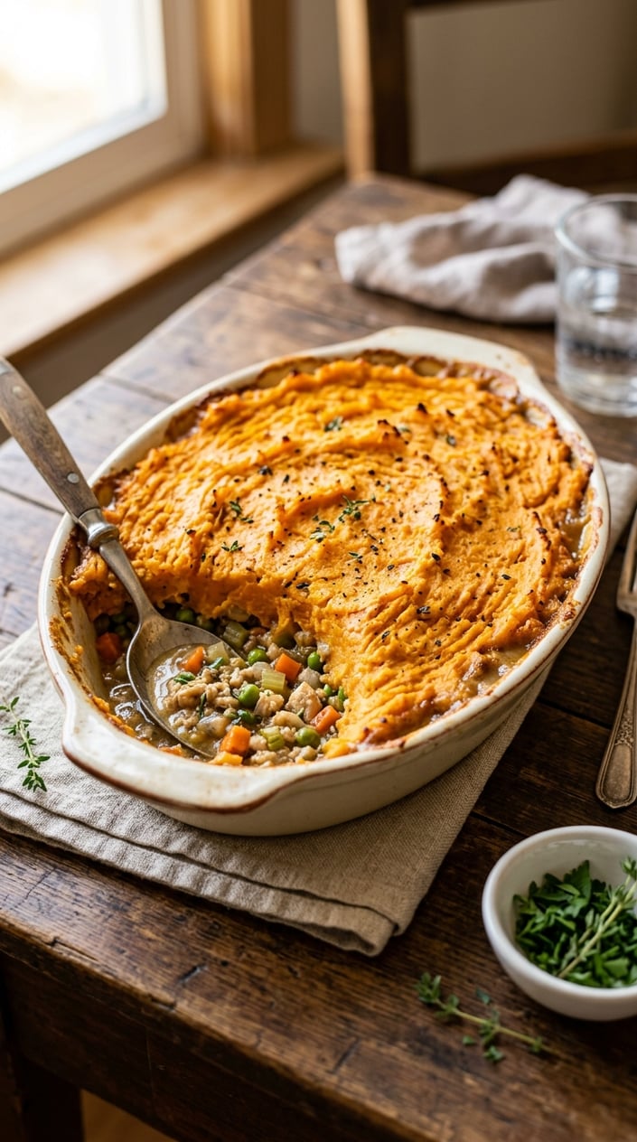 16 Ground Chicken Recipes That Stretch a Pound Farther Than You'd Think 10 A freshly baked chicken and sweet potato shepherd’s pie in a ceramic dish on a wooden table with a serving spoon and fresh herbs nearby.