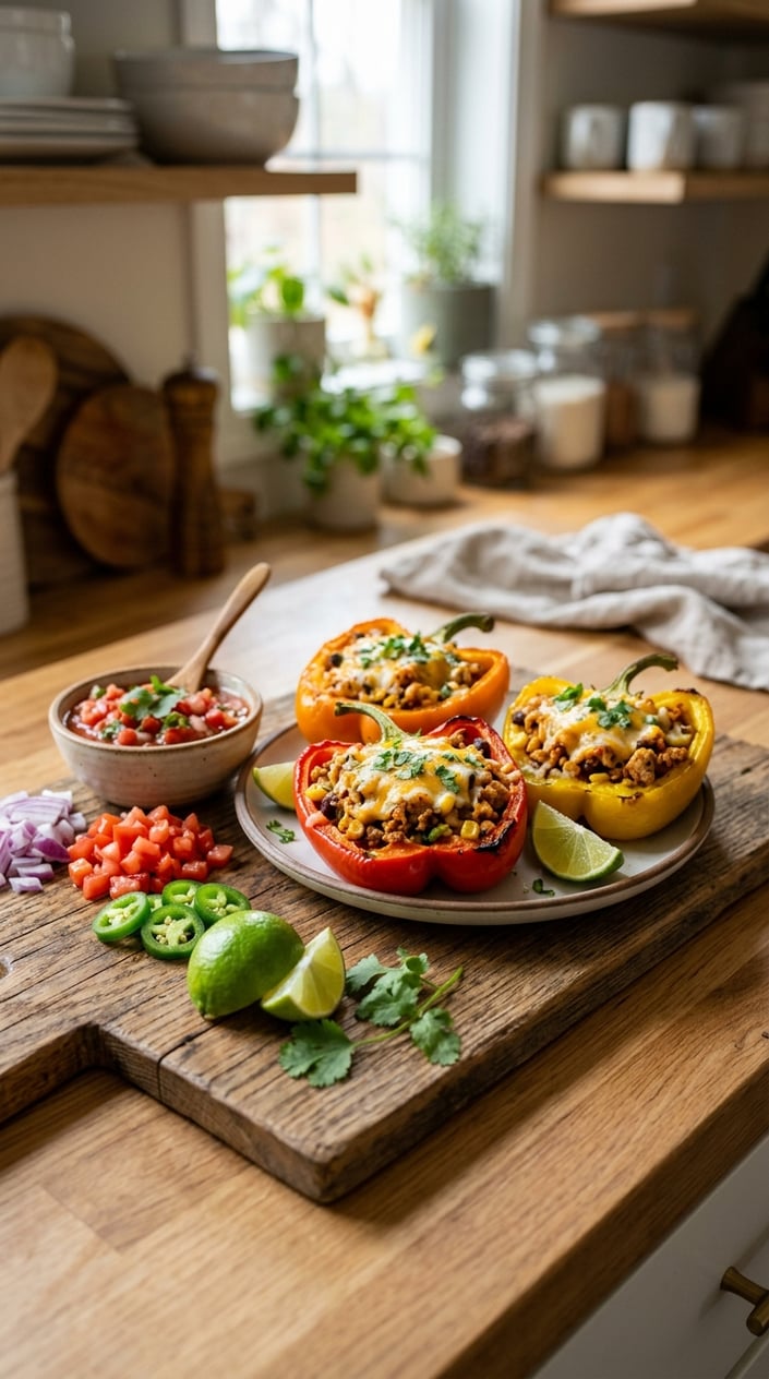 16 Ground Chicken Recipes That Stretch a Pound Farther Than You'd Think 11 Bell peppers stuffed with ground chicken taco filling, melted cheese, and cilantro on a wooden board with fresh ingredients around.