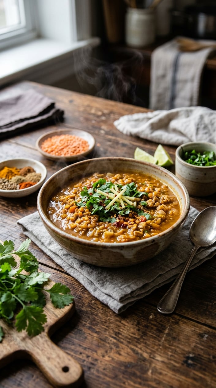 16 Ground Chicken Recipes That Stretch a Pound Farther Than You'd Think 12 A bowl of ground chicken and lentil curry with fresh herbs on a wooden table surrounded by spices and ingredients.