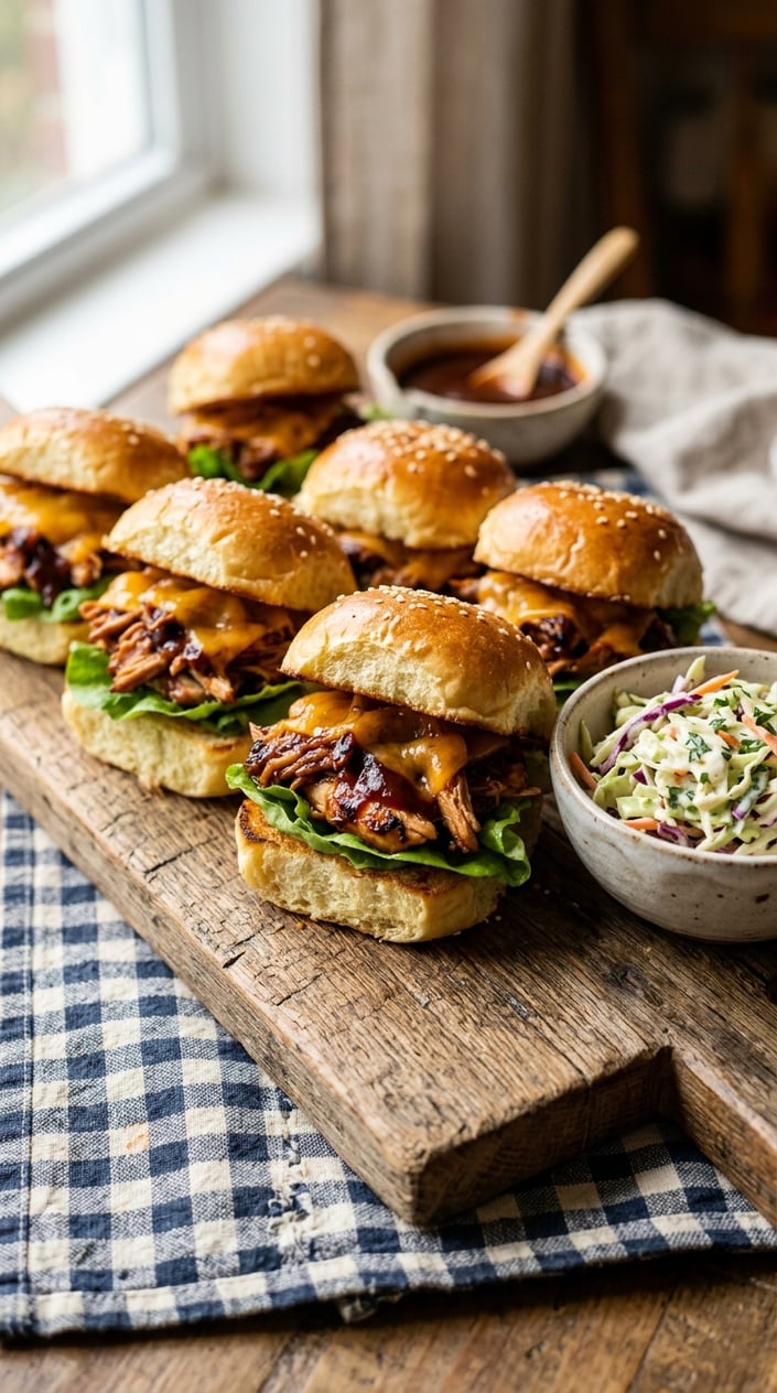 16 Ground Chicken Recipes That Stretch a Pound Farther Than You'd Think 13 Close-up of BBQ chicken sliders with melted cheese and lettuce on a wooden board, accompanied by a bowl of creamy coleslaw.