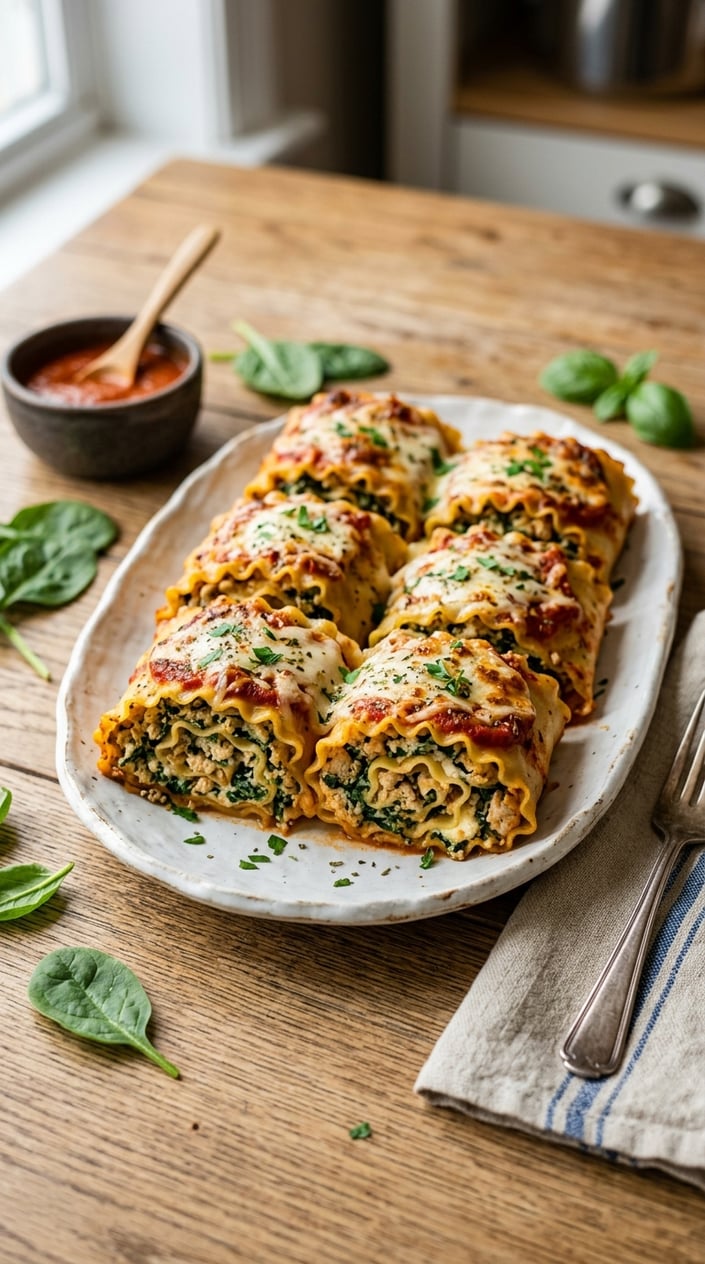 16 Ground Chicken Recipes That Stretch a Pound Farther Than You'd Think 14 A platter of baked ground chicken and spinach lasagna roll-ups with melted cheese on a wooden table.