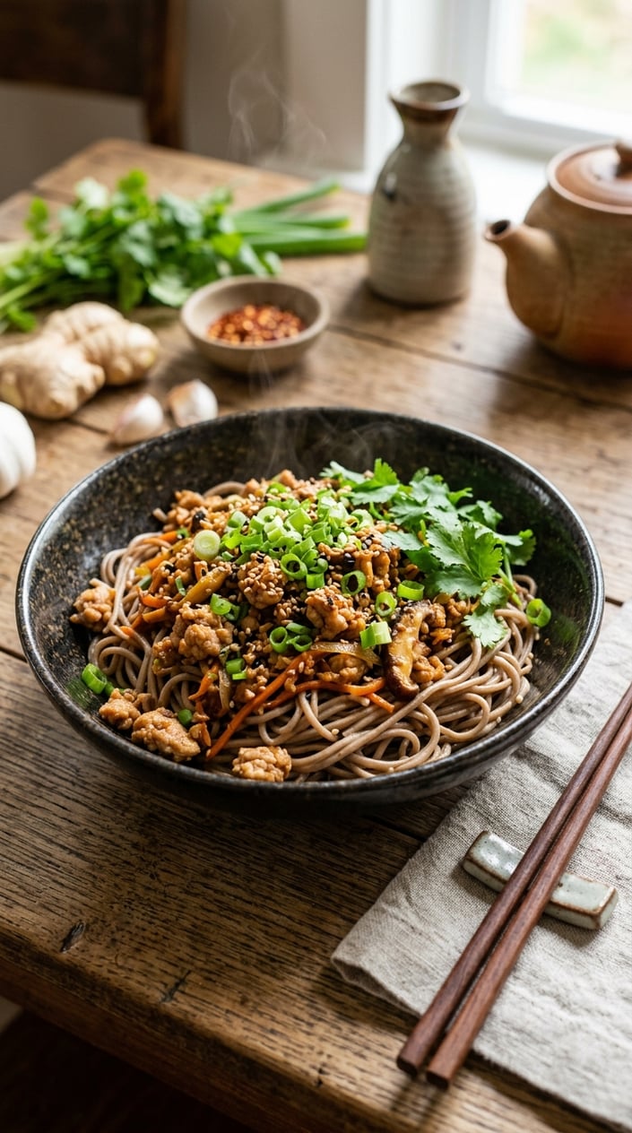 16 Ground Chicken Recipes That Stretch a Pound Farther Than You'd Think 15 A bowl of miso-ginger ground chicken soba noodles garnished with green onions and sesame seeds on a wooden table with chopsticks beside it.