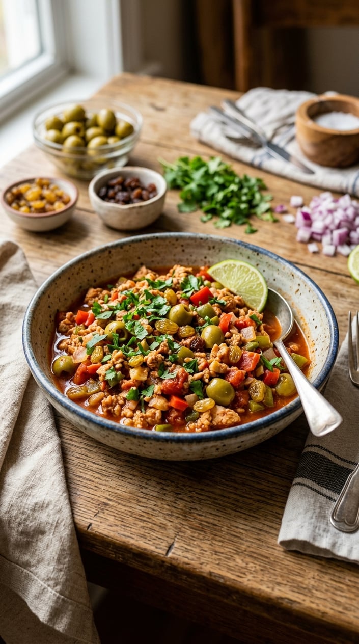 16 Ground Chicken Recipes That Stretch a Pound Farther Than You'd Think 16 A bowl of chicken picadillo with ground chicken, green olives, raisins, and vegetables on a wooden table with fresh ingredients nearby.