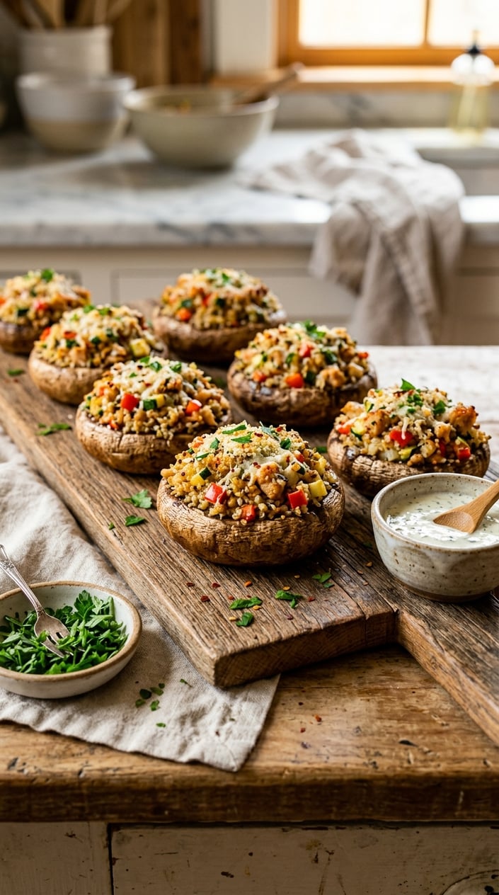 16 Ground Chicken Recipes That Stretch a Pound Farther Than You'd Think 17 Close-up of stuffed mushrooms filled with ground chicken and quinoa on a wooden board with fresh herbs.