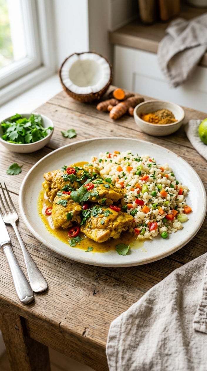 16 Ground Chicken Recipes That Stretch a Pound Farther Than You'd Think 18 A plate of turmeric-coconut chicken with cauliflower rice garnished with fresh herbs on a wooden table.
