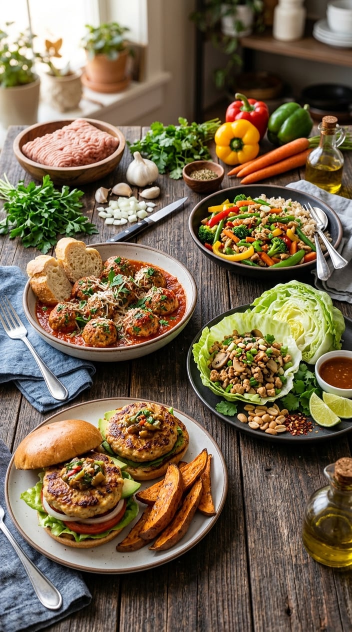 16 Ground Chicken Recipes That Stretch a Pound Farther Than You'd Think 19 A variety of cooked ground chicken dishes and fresh ingredients arranged on a wooden table.