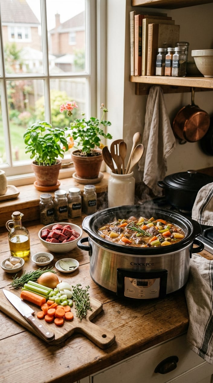 22 Slow Cooker Recipes I Come Back to on the Weeks Everything Falls Apart 2 A slow cooker on a kitchen countertop filled with steaming stew, surrounded by fresh vegetables and herbs in a warm, inviting kitchen.