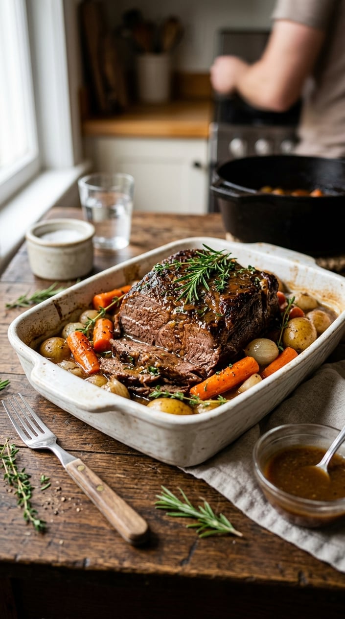 22 Slow Cooker Recipes I Come Back to on the Weeks Everything Falls Apart 3 A cooked beef pot roast with carrots and rosemary served in a dish on a wooden table.