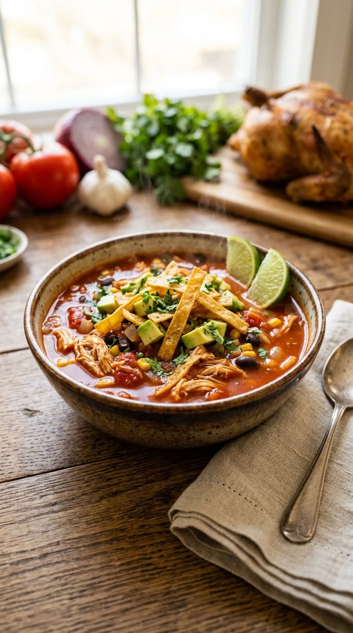 22 Slow Cooker Recipes I Come Back to on the Weeks Everything Falls Apart 4 A bowl of chicken tortilla soup with shredded chicken, tortilla strips, avocado, and cilantro on a wooden table.