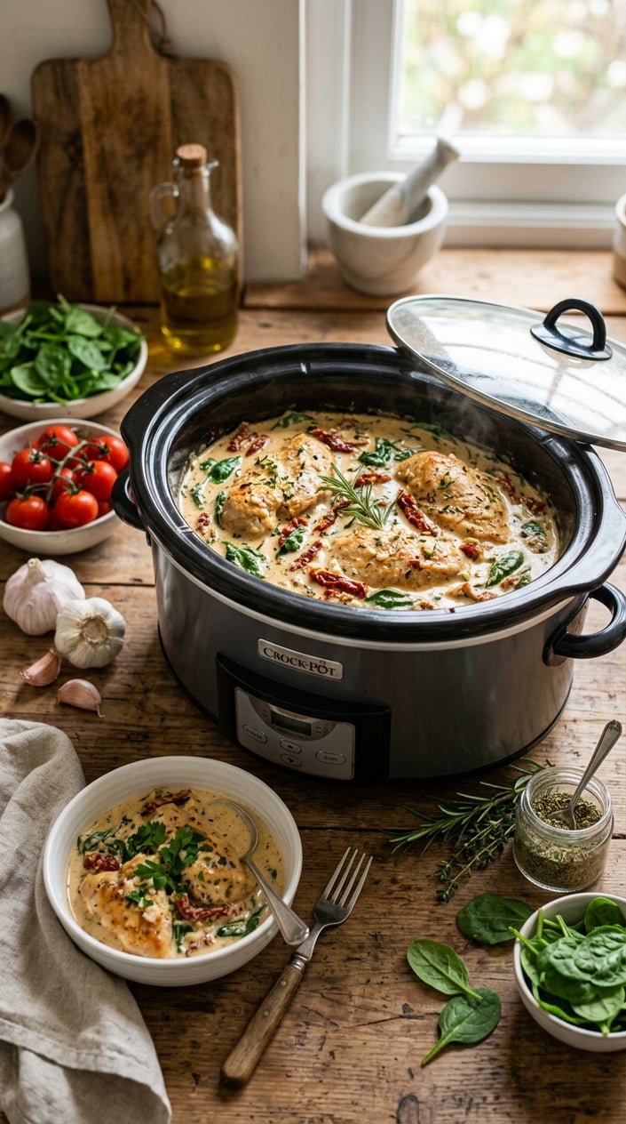 22 Slow Cooker Recipes I Come Back to on the Weeks Everything Falls Apart 5 A slow cooker filled with creamy Tuscan garlic chicken surrounded by fresh ingredients on a wooden countertop in a kitchen.