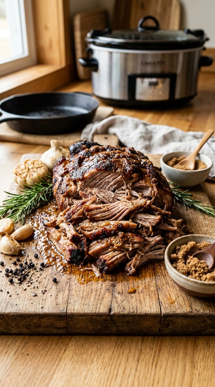 22 Slow Cooker Recipes I Come Back to on the Weeks Everything Falls Apart 6 Close-up of pulled pork Boston butt coated with brown sugar dry rub on a wooden cutting board with garlic and rosemary.