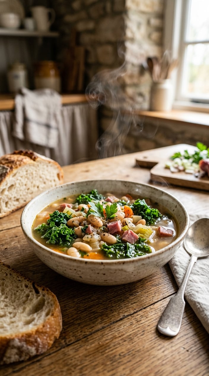 22 Slow Cooker Recipes I Come Back to on the Weeks Everything Falls Apart 7 A bowl of white bean and kale ham soup with chunks of ham and leafy kale on a wooden table with a spoon and bread nearby.