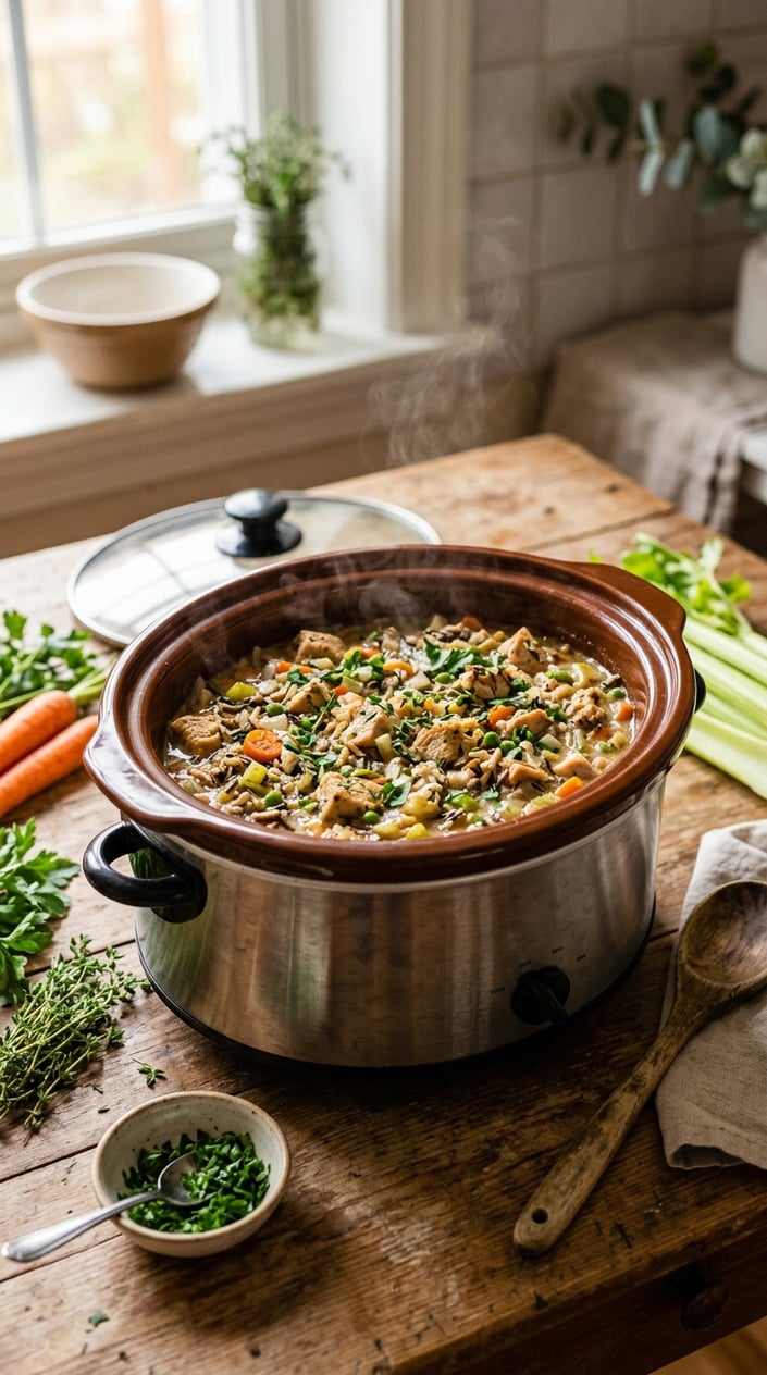 22 Slow Cooker Recipes I Come Back to on the Weeks Everything Falls Apart 8 A slow cooker filled with turkey and wild rice casserole on a wooden table surrounded by fresh vegetables and herbs.
