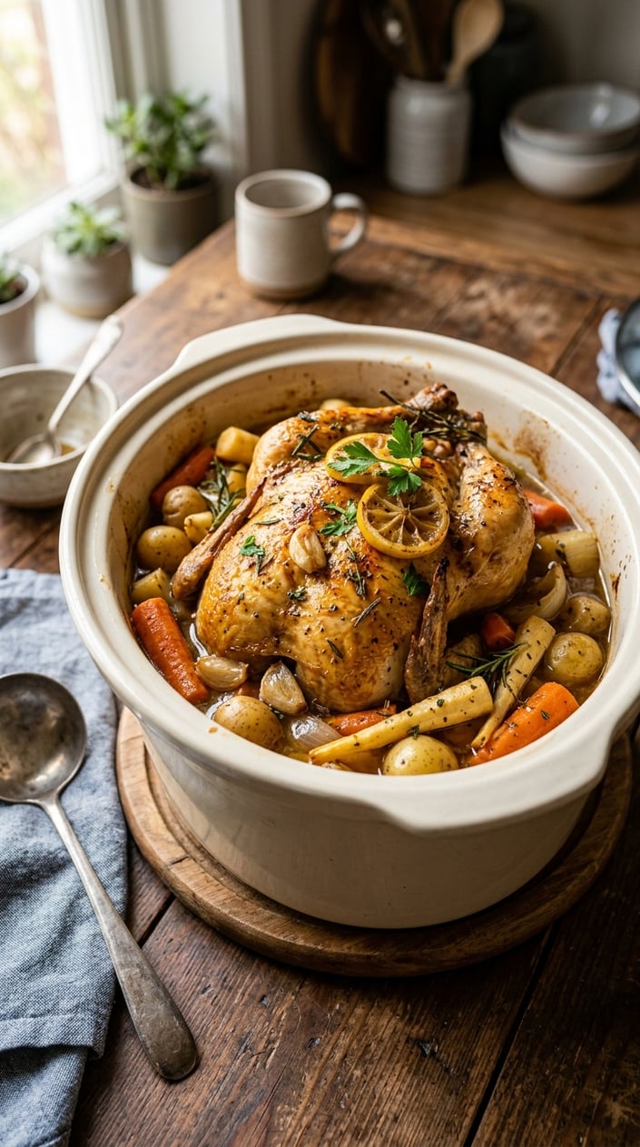 22 Slow Cooker Recipes I Come Back to on the Weeks Everything Falls Apart 9 A whole lemon garlic chicken cooked with root vegetables in a slow cooker on a wooden table.