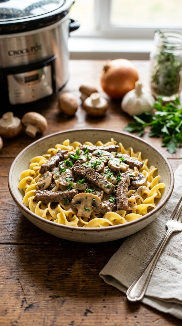 22 Slow Cooker Recipes I Come Back to on the Weeks Everything Falls Apart 10 A bowl of creamy beef stroganoff with mushrooms and parsley served over egg noodles on a wooden table.